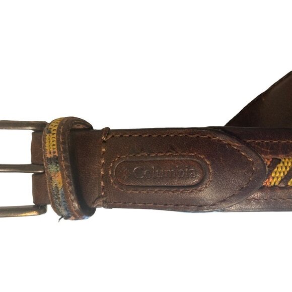 Columbia Mens 44 Belt Brown Leather Multi Color Embroidered Southwest Woven - Picture 5 of 10